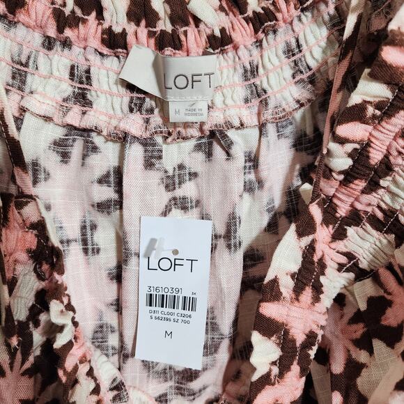 Loft NWT sunwashed linen blend floral smocked tie bow strap cami top womans sz M - Picture 4 of 10